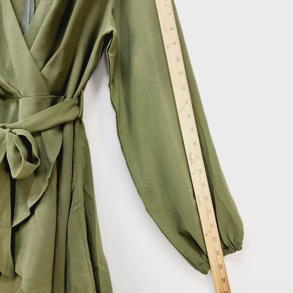 Green Long-Sleeve V-Neck Wrap Dress With Ruffle Hem & Tie Waist - Size L - Picture 10 of 12